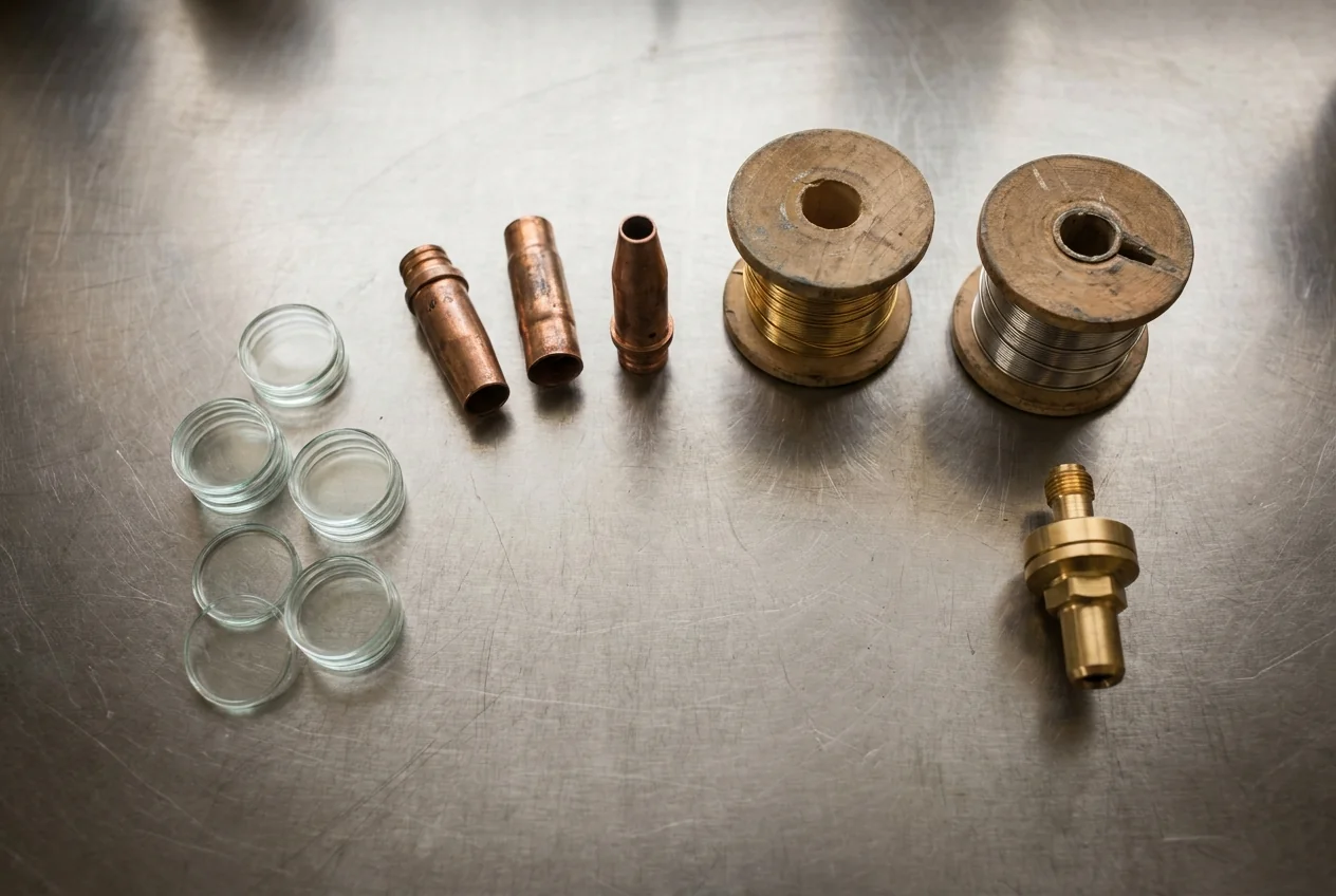 Cover glasses, nozzles, filler wire and a regulator fitting on a bench
