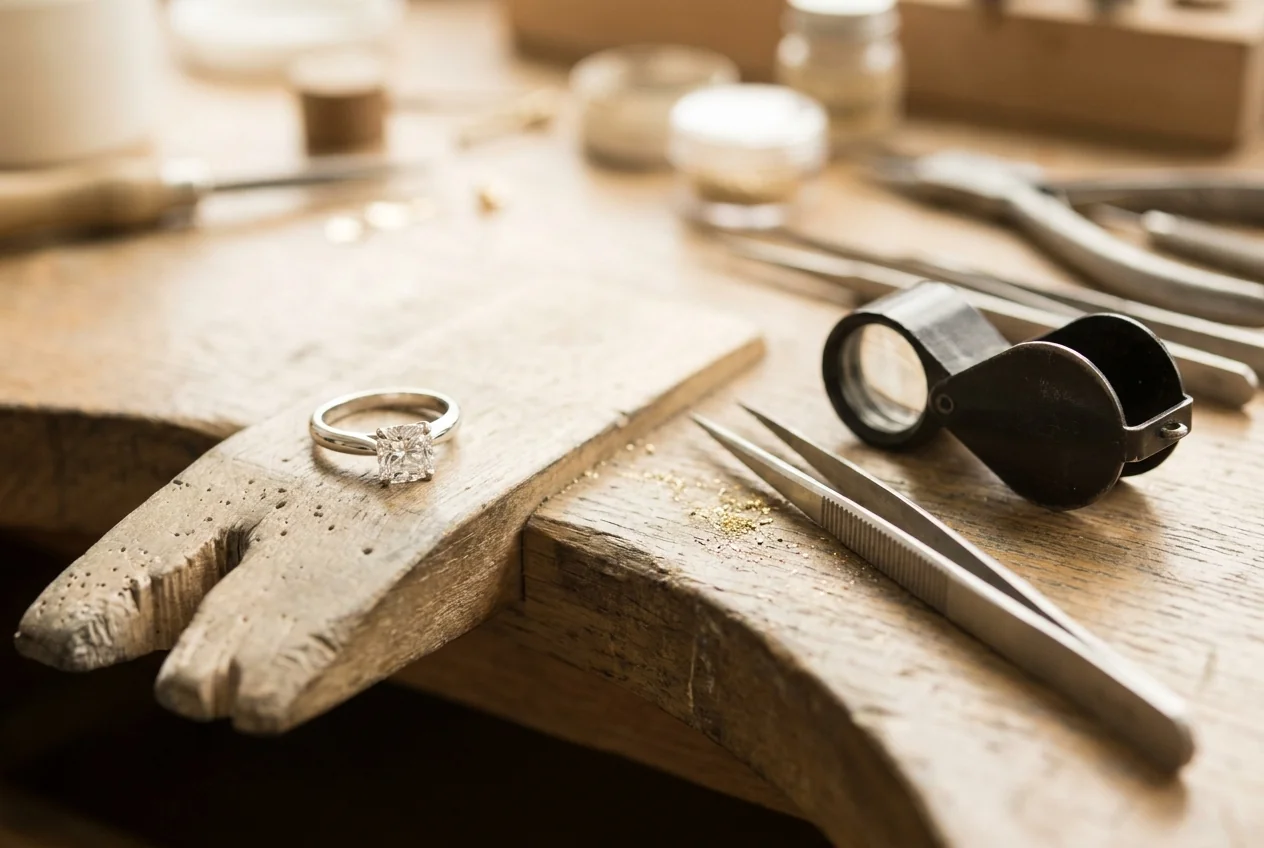 A diamond ring and a loupe on a jeweller's workbench