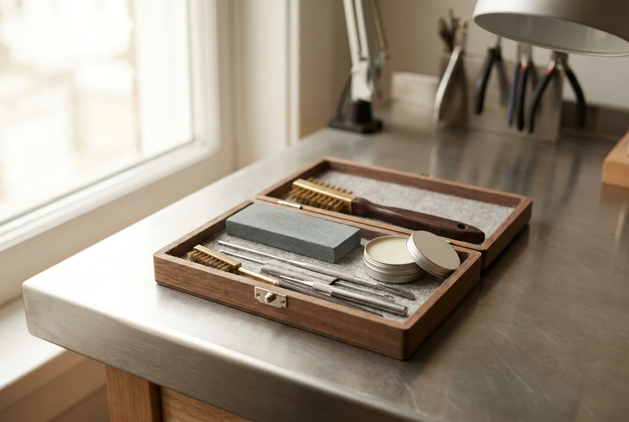 Electrode dressing and lens cleaning kit laid out on a bench