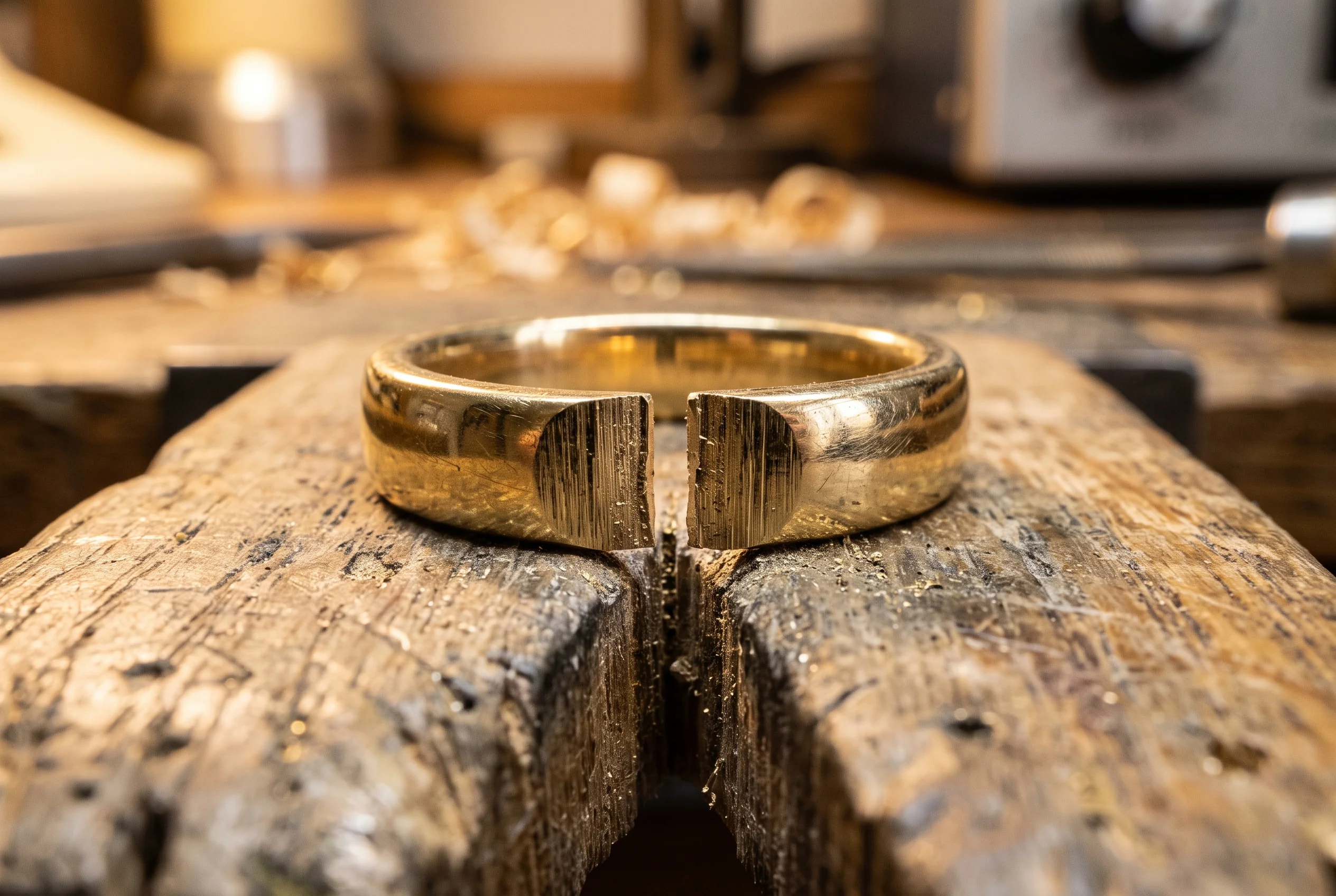 Yellow gold ring shank sawn open on a bench pin with the cut ends slightly apart