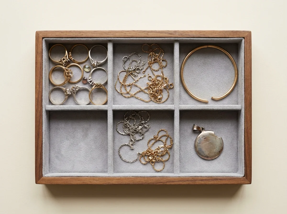 A tray of rings and chains waiting to go out to a trade bench