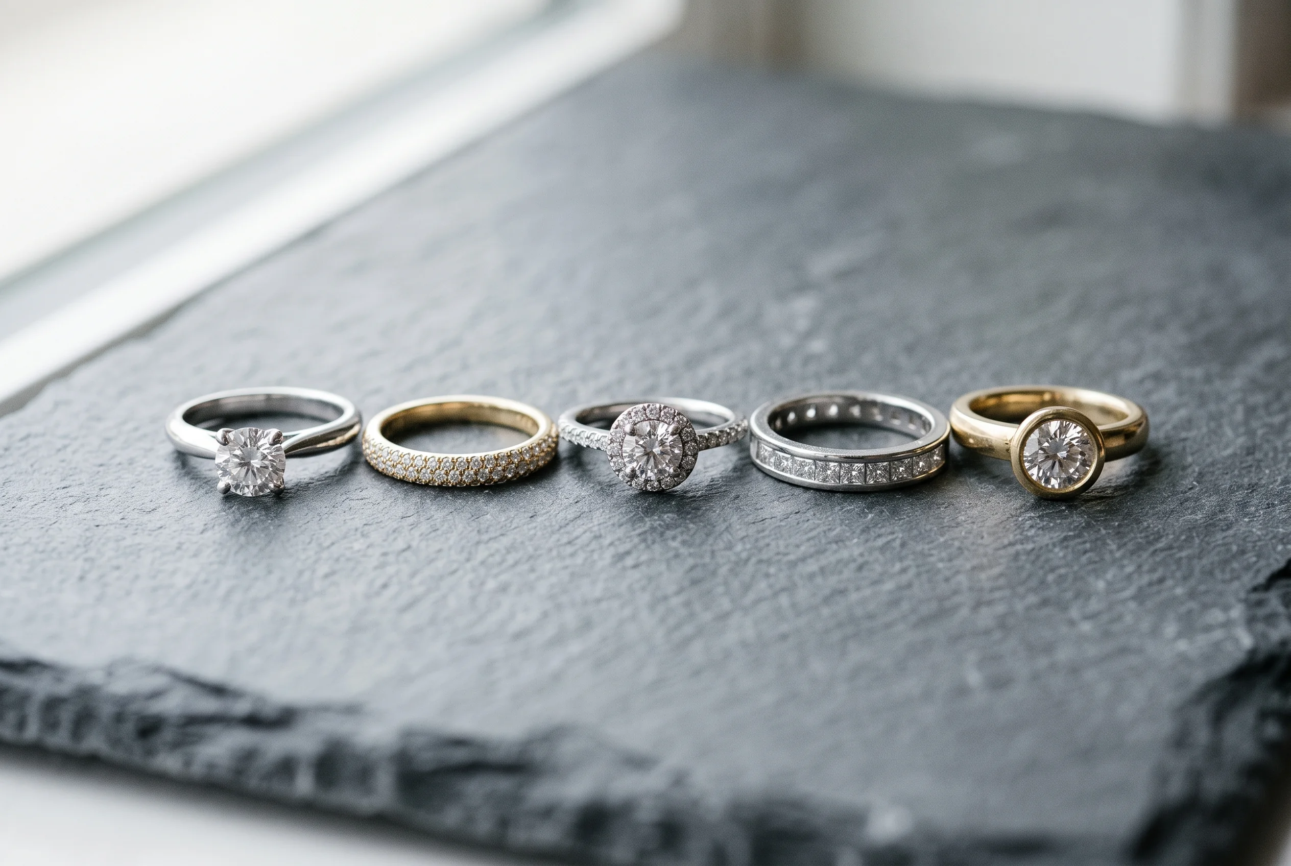 Five rings with different setting styles laid out on slate