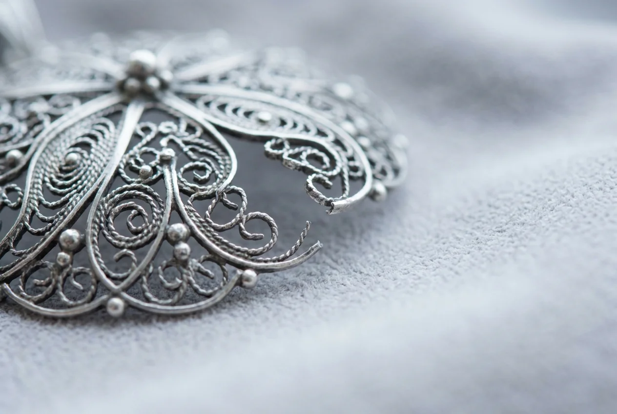 Macro of silver filigree wirework and granulation