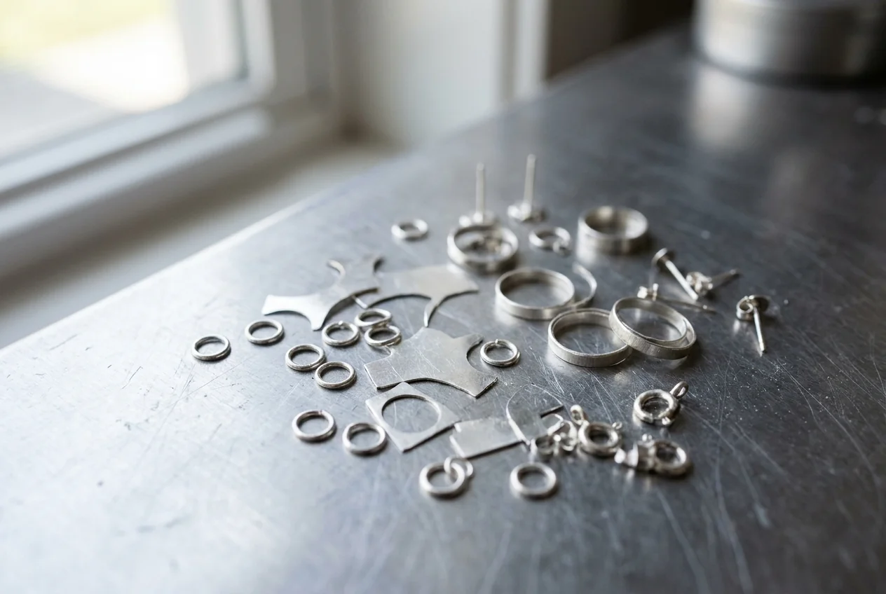 Thin silver jump rings, sheet offcuts, posts and clasp parts on a steel bench